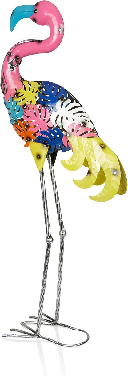 Alpine Corporation LYT276 Outdoor Metal Colorful Art Decor Palm Leaf Body Flamingo for Garden, Patio, Lawn, or Porch, 31" Tall, Multicolor