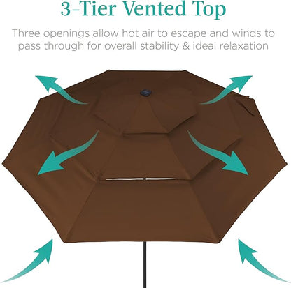 Best Choice Products 10ft 3-Tier Solar Patio Umbrella, Outdoor Market Sun Shade for Backyard, Deck, Poolside w/ 24 LED Lights, Tilt Adjustment, Easy Crank, 8 Ribs - Brown