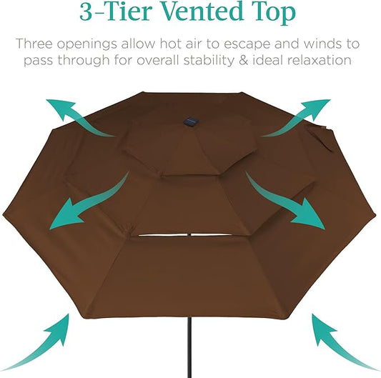 Best Choice Products 10ft 3-Tier Solar Patio Umbrella, Outdoor Market Sun Shade for Backyard, Deck, Poolside w/ 24 LED Lights, Tilt Adjustment, Easy Crank, 8 Ribs - Brown