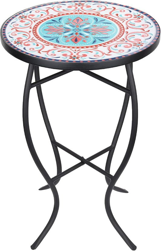 VCUTEKA Patio Side Table, Mosaic Outdoor Side Table 14" Round Small Accent Table Indoor End Table for Yard, Garden, Living Room, Bistro Balcony or Lawn