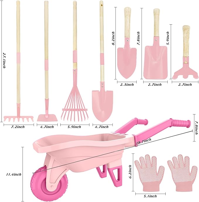Kids Gardening Set with Wheelbarrow, Real Metal Garden Tools for Kids Ages 3-8, 4 Long Handle Tools, 3 Hand Tool, Gloves, 5 Stickers, Handbook, Outdoor Backyard Toys for Toddler Gift