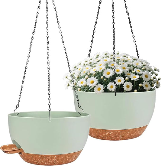 2 Pack Hanging Planters for Indoor Outdoor Plants, 12 Inch Self Watering Hanging Pot with Drainage Holes and Saucer, Plastic Plant Pots, Green Brown Flower Pots for Kitchen, Balcony, Garden