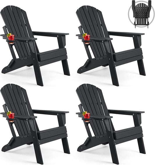 FUNBERRY Folding Adirondack Chair Set of 4, All Weather HDPE Fire Pit Chairs with Cup Holder for Outdoor