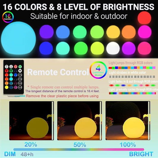 16 Inch Ultra-Fun LED Ball Light, Rechargeable Globe Floor Lamp w/Remote, 16 RGB Color Changing LED Glowing Orb Light, Waterproof Outdoor Ambiance Lighting, Pool Party Garden Patio Decor