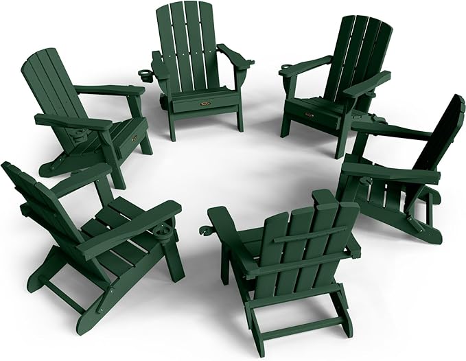 Folding Adirondack Chair 6 Pack, HDPE All-Weather Fire Pit Chairs, Plastic Adirondack Chairs with 2 Cup Holder, Outdoor Lawn Chair for Patio Garden (Green)