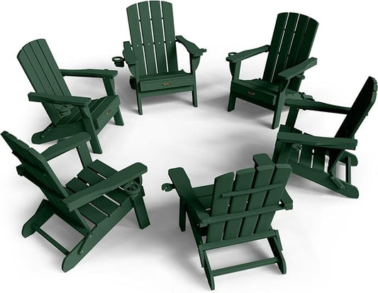 Folding Adirondack Chair 6 Pack, HDPE All-Weather Fire Pit Chairs, Plastic Adirondack Chairs with 2 Cup Holder, Outdoor Lawn Chair for Patio Garden (Green)