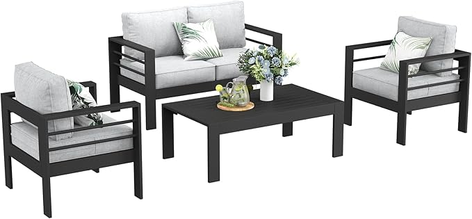 LayinSun Outdoor Aluminum Furniture Set, 4 Pieces Patio Sectional Conversation Chat Sofa Modern Seating Set with Coffee Table