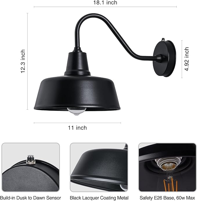 Barn Lights Outdoor Gooseneck Lighting, Dusk to Dawn Black Exterior Barn Lights for House, Farmhouse Wall Lighting Fixtures with Sensor for Porch Garage (2, 11" Diameter)