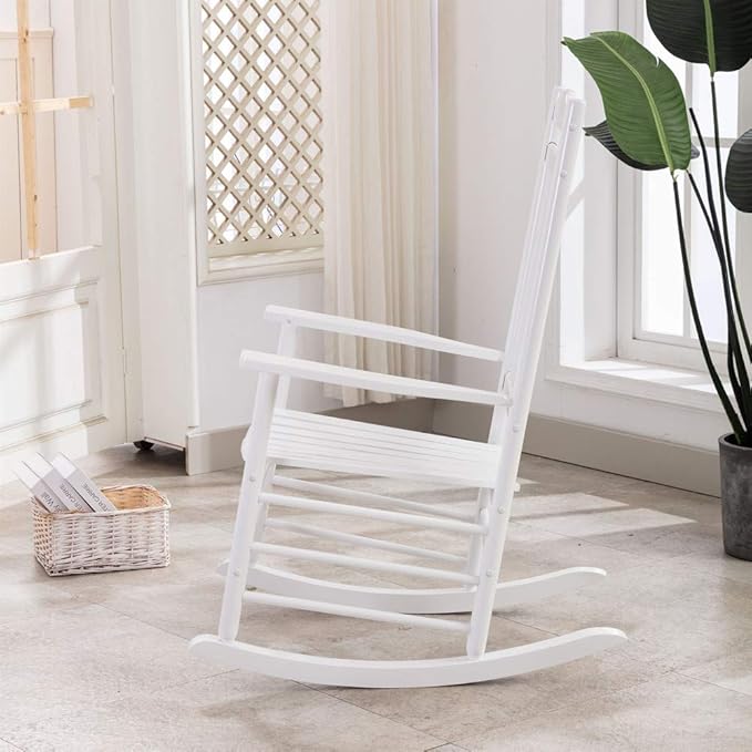 Outdoor Patio Wooden Rocking Chairs Set 3 Piece, Furniture Comfy Rockers for Adults Porch Lawn Room Outside Indoor, White