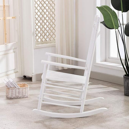 Outdoor Patio Rocking Chair Furniture Comfy Rocker for Adults Porch Balcony Garden Indoor Outside Wooden, White