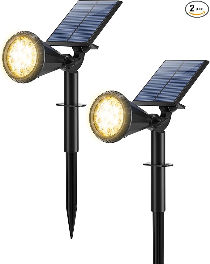 Tadyreal Solar Spot Lights Outdoor Waterproof 180° Adjustable Solar Powered Landscape Lights for Yard 4 Lighting Modes Solar Spotlights for Pathway Garden Outside Wall Pool Porch (2 Pack, Warm White)