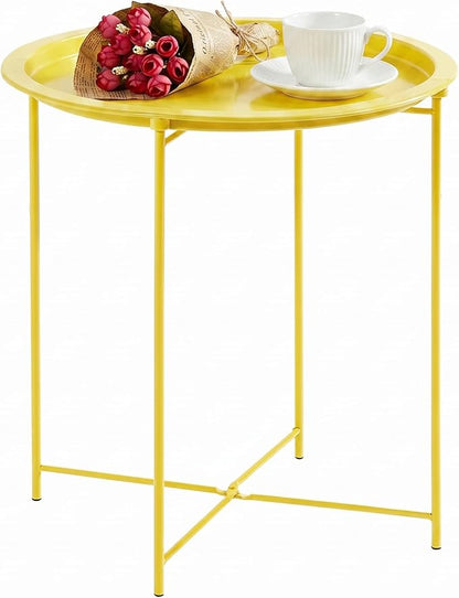 VECELO Side/End Table, Folding Round Metal Anti-Rust and Waterproof Outdoor or Indoor Tray for Living Room Bedroom Balcony and Office, 1 PCS,Yellow