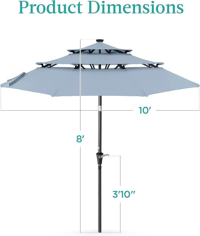 Best Choice Products 10ft 3-Tier Solar Patio Umbrella, Outdoor Market Sun Shade for Backyard, Deck, Poolside w/ 24 LED Lights, Tilt Adjustment, Easy Crank, 8 Ribs - Breeze Blue