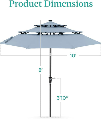 Best Choice Products 10ft 3-Tier Solar Patio Umbrella, Outdoor Market Sun Shade for Backyard, Deck, Poolside w/ 24 LED Lights, Tilt Adjustment, Easy Crank, 8 Ribs - Breeze Blue