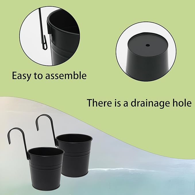 6 Pcs Hanging Flower Pots with Detachable Hooks,Metal Iron Bucket Planter for Railing,Fence,Balcony Garden Decor,4INCH,Black