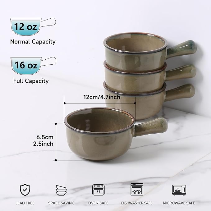 MONITO 16 Oz French Onion Soup Bowls, Ceramic Soup Bowls with Handles, Stackable Soup Crocks Oven Safe for Chili, Beef Stew, Cereal,Casseroles Microwave & Dishwasher Safe, Set of 4, Brown Green