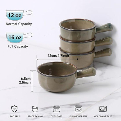 MONITO 16 Oz French Onion Soup Bowls, Ceramic Soup Bowls with Handles, Stackable Soup Crocks Oven Safe for Chili, Beef Stew, Cereal,Casseroles Microwave & Dishwasher Safe, Set of 4, Brown Green