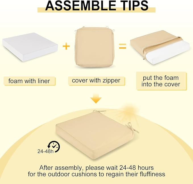downluxe Waterproof Outdoor Chair Cushions for Patio Furniture, 19" x 19" x 2" Patio Chair Cushion with Adjustable Ties & Portable Handle, Square Outdoor Cushion with Removable Cover, Beige, 2 Pack