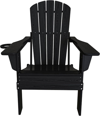 Plawdlik Folding Adirondack Chair, Cup Holder, SGS Tested, Wooden Textured，Heavy All-Weather HDPE Comfortable Set Poolside Backyard Lawn Black Set 2