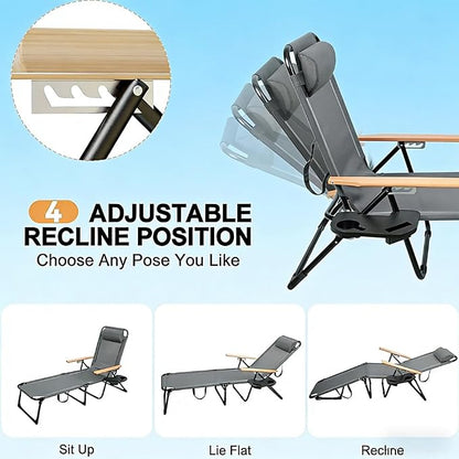 Folding Chaise Lounge Chair Outdoor, Folding Sun Lounger with 4-Position Reclining Back, Foldable Tanning Chair with Adjustable Headrest, Beach Lounge Chair for Poolside Backyard Camping (Gray)