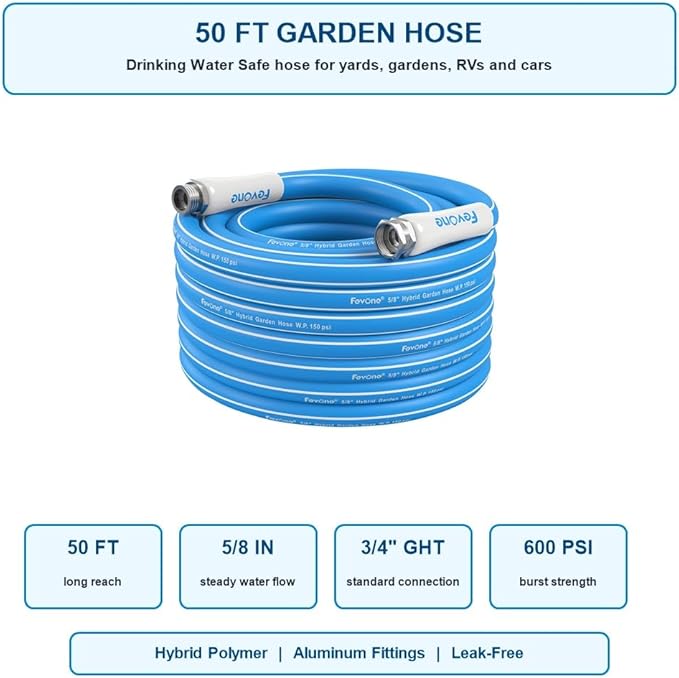 FEVONE 50 ft x 5/8 in Garden Hose, Drinking Water Safe Flexible Water Hose, Heavy Duty Hybrid Polymer Hose, Kink-Resistant, 3/4 in GHT Aluminum Fittings, Leak-Free, 600 PSI