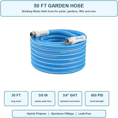 FEVONE 50 ft x 5/8 in Garden Hose, Drinking Water Safe Flexible Water Hose, Heavy Duty Hybrid Polymer Hose, Kink-Resistant, 3/4 in GHT Aluminum Fittings, Leak-Free, 600 PSI