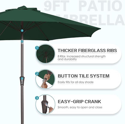 PatioKingdom 9FT Patio Outdoor Umbrella-UPF 50+ Sun Shade with Wind Vent, Push-Button Tilt & Smooth Crank Lift, Rust-Resistant Fiberglass Frame for Garden, Backyard,Yard (Dark Green, 9FT)