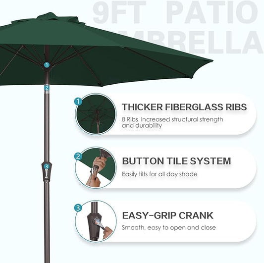 PatioKingdom 9FT Patio Outdoor Umbrella-UPF 50+ Sun Shade with Wind Vent, Push-Button Tilt & Smooth Crank Lift, Rust-Resistant Fiberglass Frame for Garden, Backyard,Yard (Dark Green, 9FT)