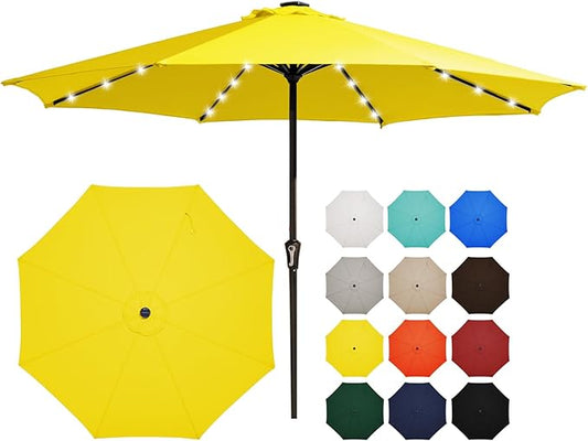 JEAREY 11' Lighted Patio Umbrellas Outdoor Solar Table Market Umbrella w/Crank, 8 Sturdy Ribs, UV Protection Waterproof Sunproof(Yellow)