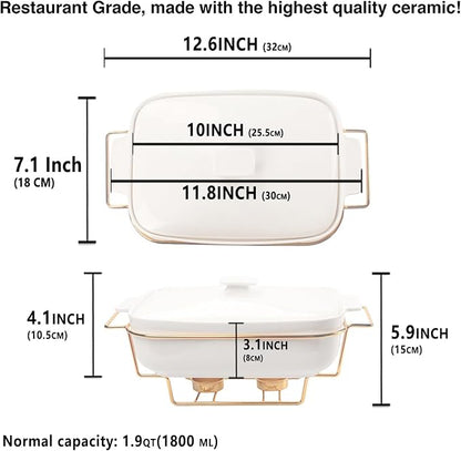 Casserole Dish with Lids 1.9 Quart Ceramic Bakeware Set with Lids and rack, 10 x 7 Lasagna Pan Deep with Lid, Rectangular Bakeware With Handle, Microwave, Dishwasher, Oven Safe, White