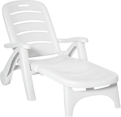 Outsunny Outdoor Chaise Lounge, 5 Level Adjustable Backrest Lounge Chair with Wheels, Folding Tanning Chair for Pool, Beach, Patio, Garden, White