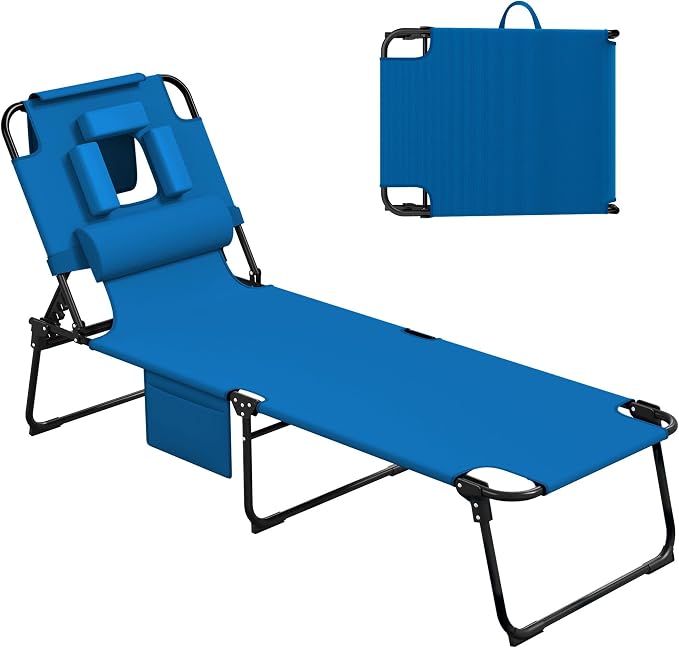 400lbs Tanning Chair with Face Hole, 5-Position Folding Chaise Lounge Chair with Side Pockets, Portable Beach Lounge Chair for Outdoor Sunbathing Patio Pool Lawn, Blue