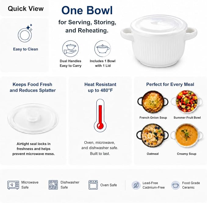Ceramic Soup Bowl with Handles and Lid, 24 oz French Onion Soup Crock, Oven Safe Bowl for Soup, Chili, Ramen, Pasta and Cereal, Microwave Dishwasher Safe - White