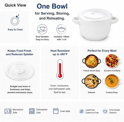 Ceramic Soup Bowl with Handles and Lid, 24 oz French Onion Soup Crock, Oven Safe Bowl for Soup, Chili, Ramen, Pasta and Cereal, Microwave Dishwasher Safe - White