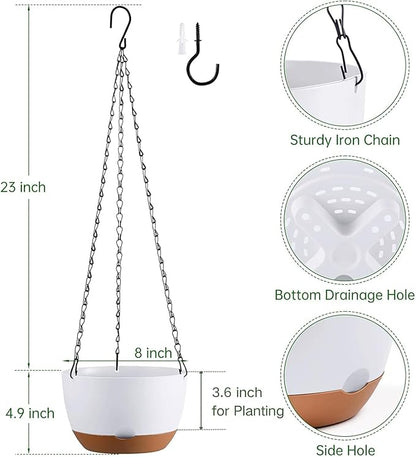 Set of 2 Hanging Planters for Indoor Outdoor Plants, 8 Inch Self-Watering Hanging Flower Pots with Drainage Hole & Removable Water-Storage Tray (Hooks)