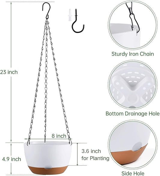 Set of 2 Hanging Planters for Indoor Outdoor Plants, 8 Inch Self-Watering Hanging Flower Pots with Drainage Hole & Removable Water-Storage Tray (Hooks)
