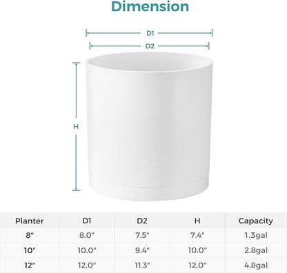 FaithLand 12-Inch Large Modern Cylinder Planter, Thick-Walled Plastic Plant Pot with Drainage Holes and Detachable Saucer, Matte White, Ideal for Indoor & Outdoor Plants Flowers