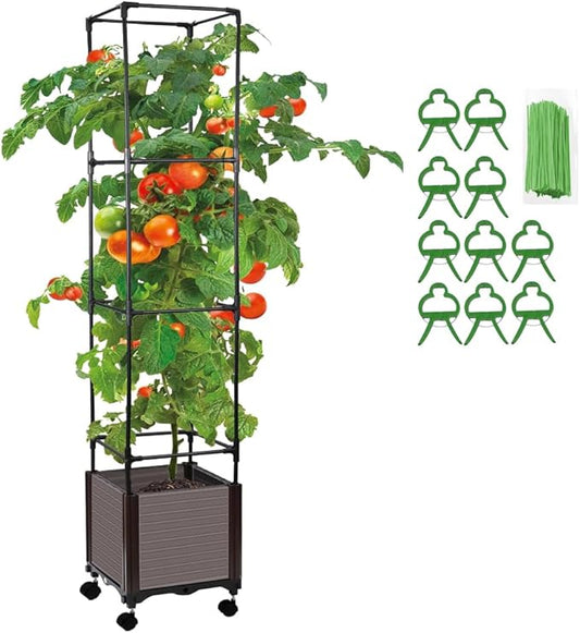 Tomato Planter with Trellis, 62" H Rolling Planter Box with Wheels & Water Reservoir, Self-Watering Raised Garden Bed for Climbing Plants, Tomato, Potato, Vegetables, Chili