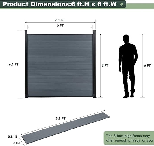 Mondaria Privacy Fence Panels for Outside,6ft(W) x 6ft(H) Outdoor Privacy Panels with 1 Post,Wind Resistant Wood Plastic Composite Fencing Panels for Patio,Backyard,Garden and Swimming Pool(Grey)