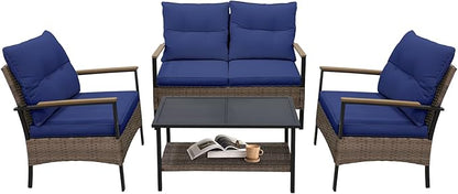 COOS BAY Sunset Haven Outdoor Patio Furniture Set, Outdoor Conversation Set, Rattan Wicker Sofa, Loveseat, 2 Patio Chairs and Coffee Table, Brown/Blue