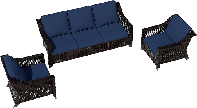 VistaVibe 3 Pieces Outdoor Patio Conversation Furniture Set - 78" 3-seat Sofa | 2 Wicker Chairs, Deep Seat Loveseat, Removable Cushions, Hand-Woven PE Rattan Couch, Balcony (Brown/Navy)