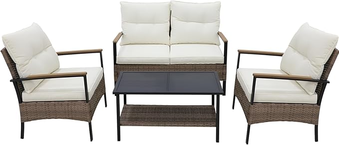 Sunset Escape Wicker Outdoor Furniture, Modern Sofa and Chair Set of 4, Rattan Patio Conversation Set, 2 Patio Chairs, Loveseat and Coffee Table, Gray/Beige
