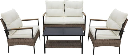 Sunset Escape Wicker Outdoor Furniture, Modern Sofa and Chair Set of 4, Rattan Patio Conversation Set, 2 Patio Chairs, Loveseat and Coffee Table, Gray/Beige