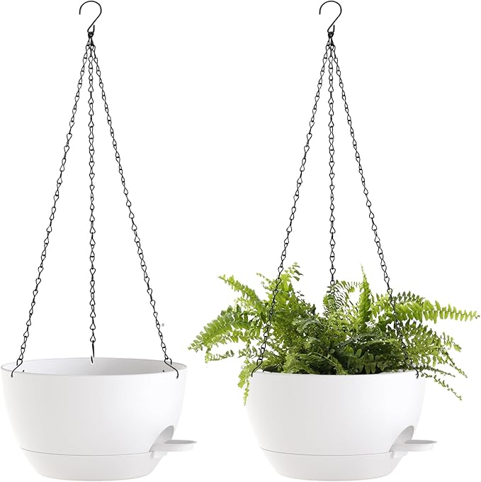 10 Inch Hanging Baskets 2 PC with Chains, Self-Watering Hanging Planters for Indoor Outdoor Plants, Plastic Hanging Flower Pots,White