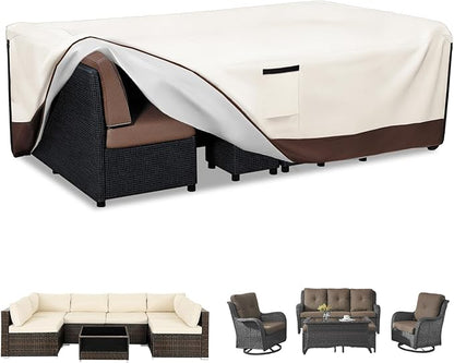 Patio Furniture Covers Waterproof,600D Heavy Duty Patio Cover for 6/7/8 PCS Sets Sectional Sofa Couch Dining Rocking Swivel Chairs Ottomans Coffee Table,126L x 63W x 28H inch Beige & Brown