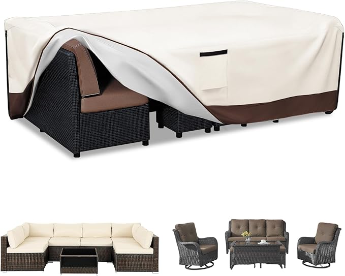 Patio Furniture Covers Waterproof,600D Heavy Duty Patio Cover for 6/7/8 PCS Sets Sectional Sofa Couch Dining Rocking Swivel Chairs Ottomans Coffee Table,88L x 62W x 28H inch Beige & Brown