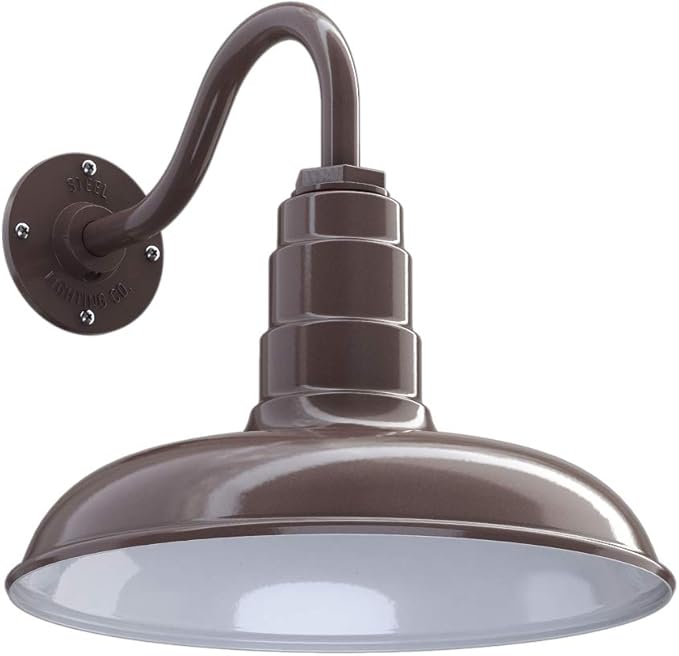 Steel Lighting Co. Topanga Barn Light | Outdoor Wall Mounted | Farmhouse Garage Light Made in America | 14 inch Dome | 11 inch Gooseneck | Dark Bronze Exterior/White Interior
