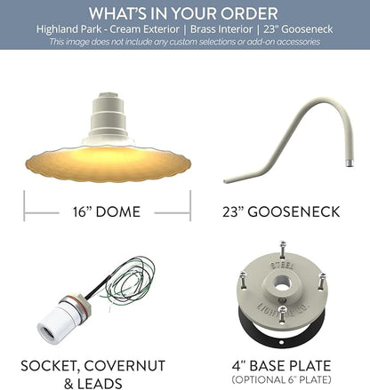 Steel Lighting Co. Highland Park Barn Light | Outdoor Wall Mounted | 16 inch Radial Wave | 23" Gooseneck | Vintage Style Made in America | Cream Exterior/Brass Interior