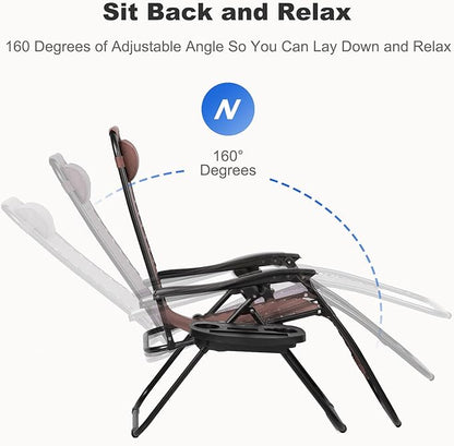 Nazhura Set of 2 Relaxing Recliners Patio Chairs Adjustable Steel Mesh Zero Gravity Lounge Chair Beach Chairs with Pillow and Cup Holder Khaki (Brown)