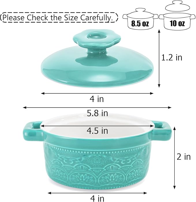 Hacaroa Set of 6 Mini Cocotte with Lid, 8 Oz Ceramic Ramekins with Handles, Small Casserole Dishes Individual Serving Pot for Baking, Soufflé, Soup, Cobbler, Oven Safe, 6 Colors